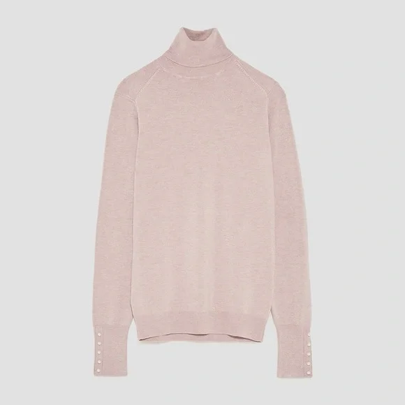 ZARA Pastel Pink Long-Sleeve Turtleneck Top Slim Fit Comfy White Pearl Buttons L - Picture 4 of 16